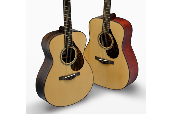 The FS9 R guitar and FG9 M guitar are pictured upright, at an angle to each other on a white background. The FS9 R is in front, showing its smaller concert-style body and darker rosewood back and sides against the larger dreadnought-style body and lighter mahogany back and sides of the FG9 M.