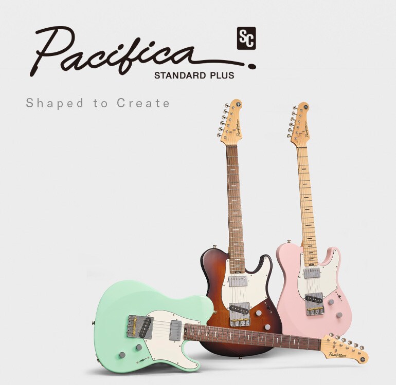 흰색 배경. 왼쪽: Pacifica SC Standard Plus 로고 및 ‘Designed to Inspire’ 문자. 오른쪽: 기타 3대.