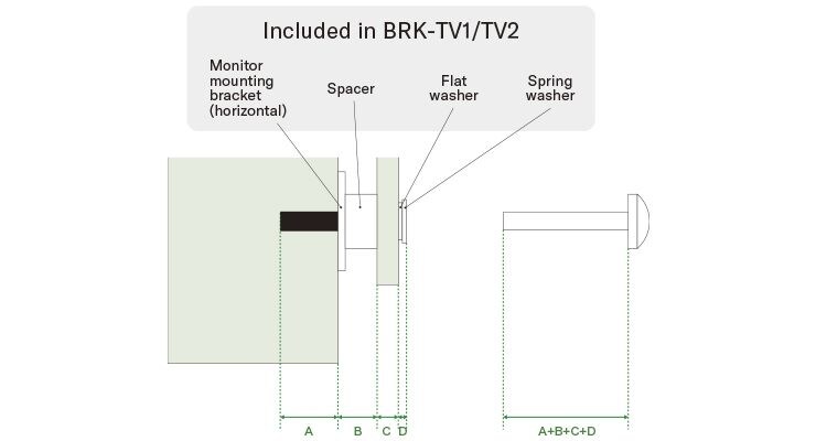 BRK-TV1/BRK-TV2를 사용하여 CS-800 또는 CS-500을 TV에 설치하려고 했는데 부착된 나사(M8 x 15mm 또는 M8 x 35mm)가 길이가 맞지 않습니다.
