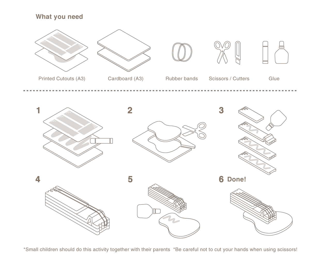 [ What you need ] Pattern Paper(A3), Cardboard(A3), Rubber bands, Scissors / Cutters, Glue