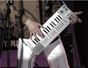 photo:The CS01 featured pitch bend and modulation wheels at the corner of the instrument body for ease of use when standing while playing.