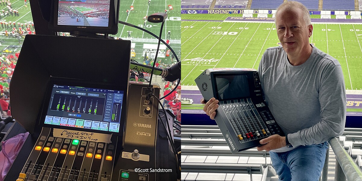 Two images: 왼쪽은 NCAA 경기장 중계 부스에 설치된 Yamaha DM3 믹싱 콘솔을 보여주며, 오른쪽은 풋볼 필드가 보이는 경기장에서 Yamaha DM3 디지털 믹싱 콘솔을 들고 있는 Scott Sandstrom의 모습이다.
