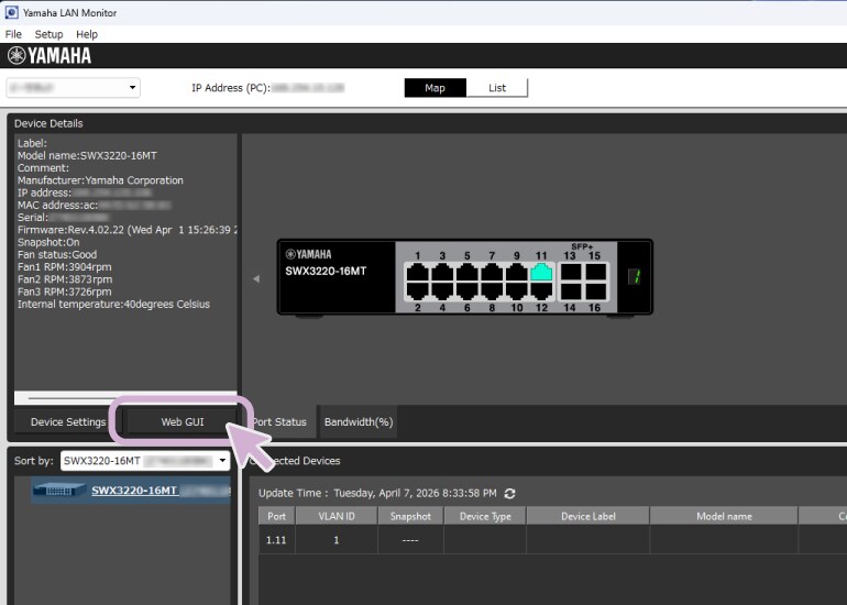 PC의 Yamaha LAN Monitor 소프트웨어가 Yamaha 네트워크 스위치에 연결되어 있으며 Web GUI 인터페이스가 표시된 화면